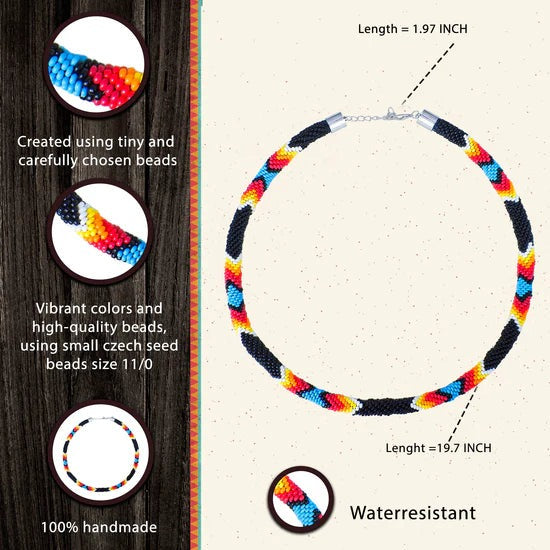 Handmade Black Dusk Pattern Beaded Necklace Native American Style