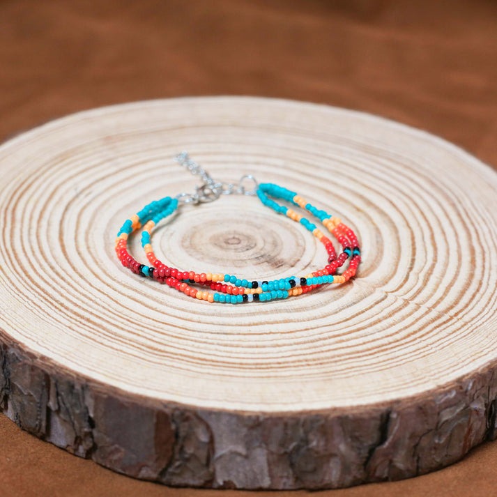 Sunset Glow Beaded Bracelet – Multi-Color Design with Red, Yellow, and Turquoise