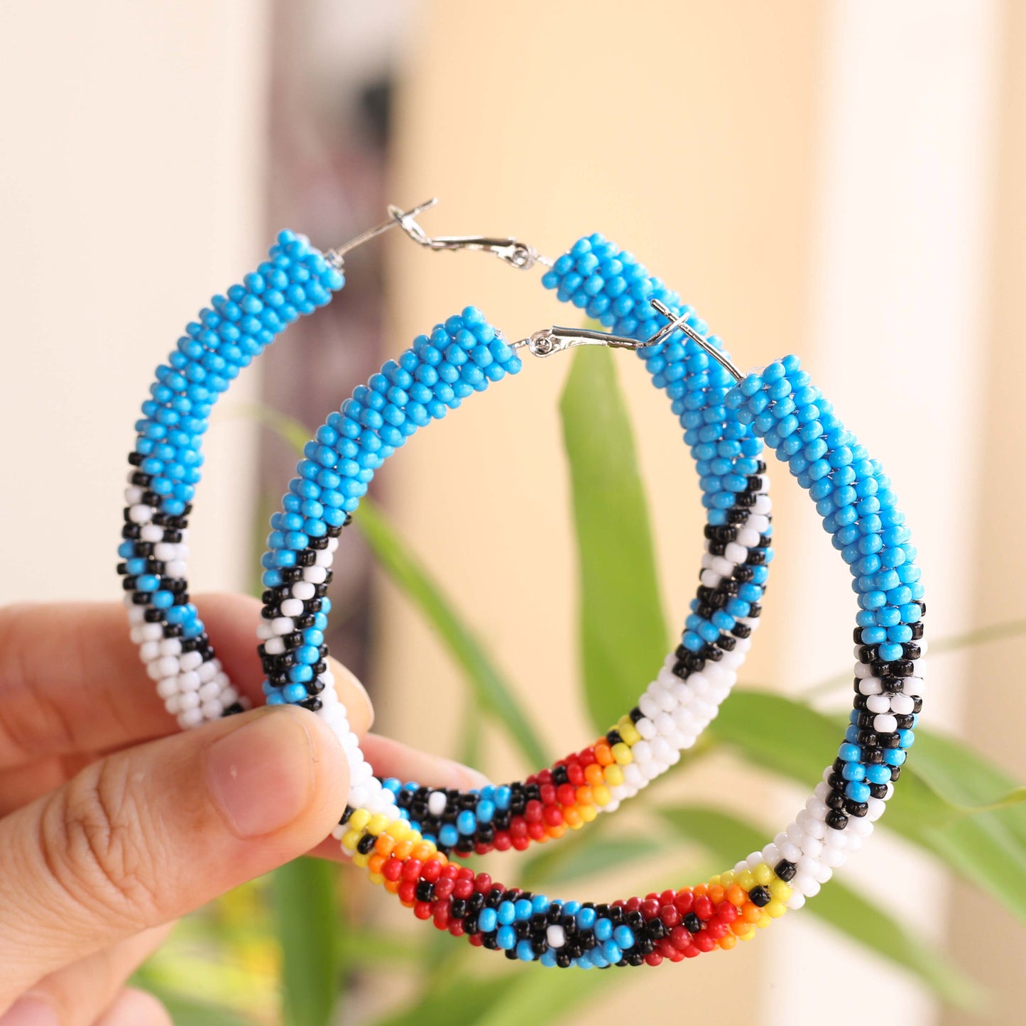 Handmade Dark Blue Pattern Beaded Earrings for Women