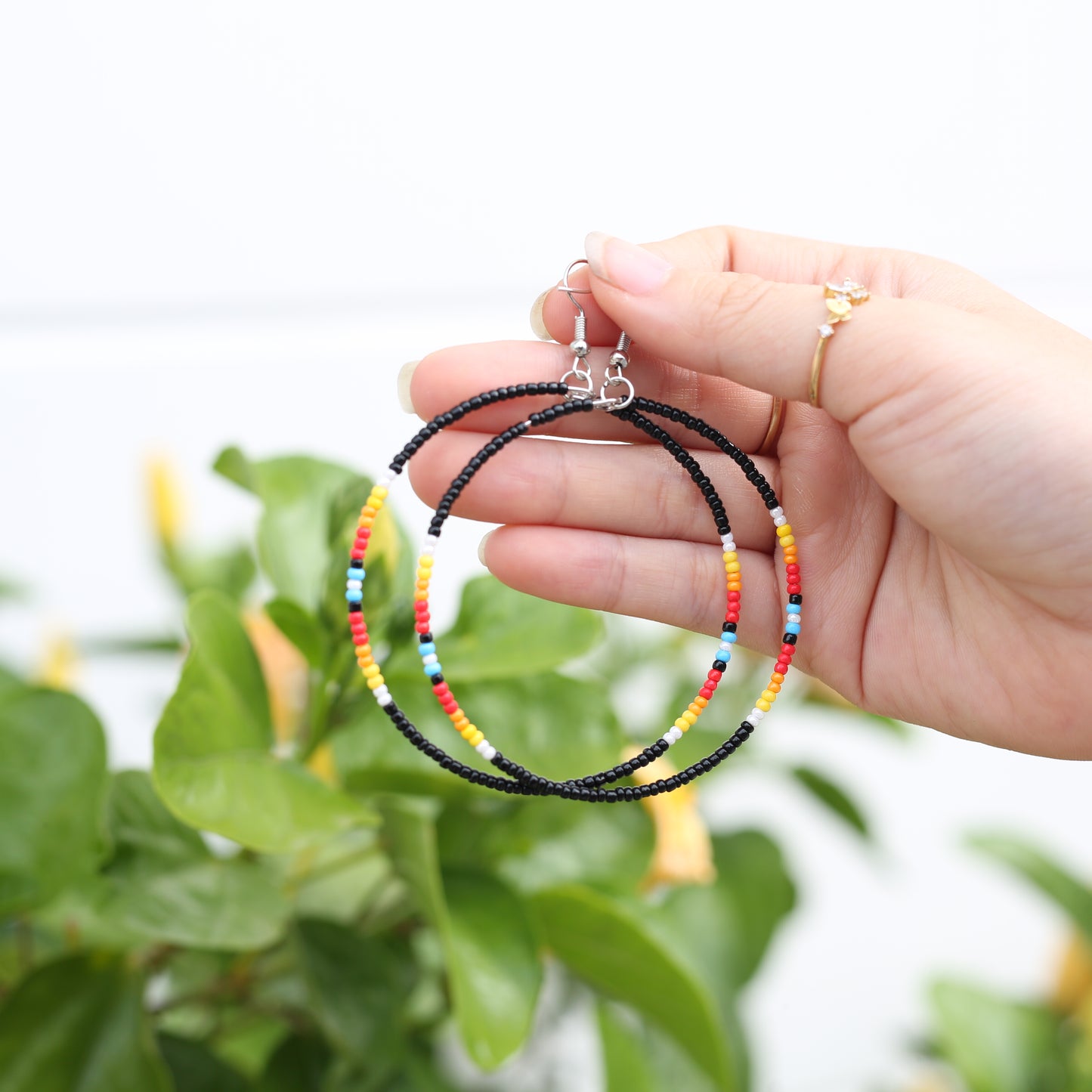 Native Inspired Black Round Beaded Handmade Hoop Earrings for Women