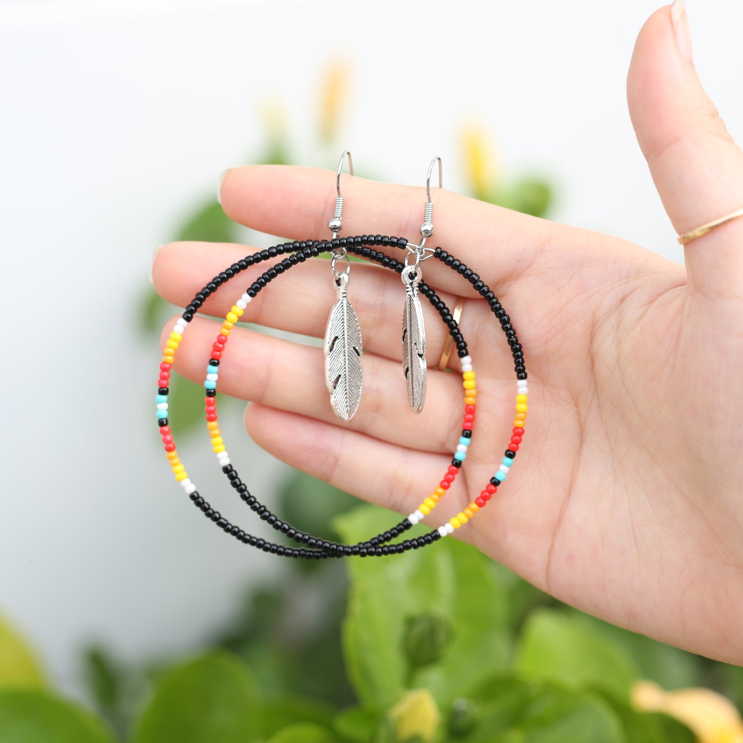 Native Inspired Black Round Beaded Handmade Hoop Earrings for Women