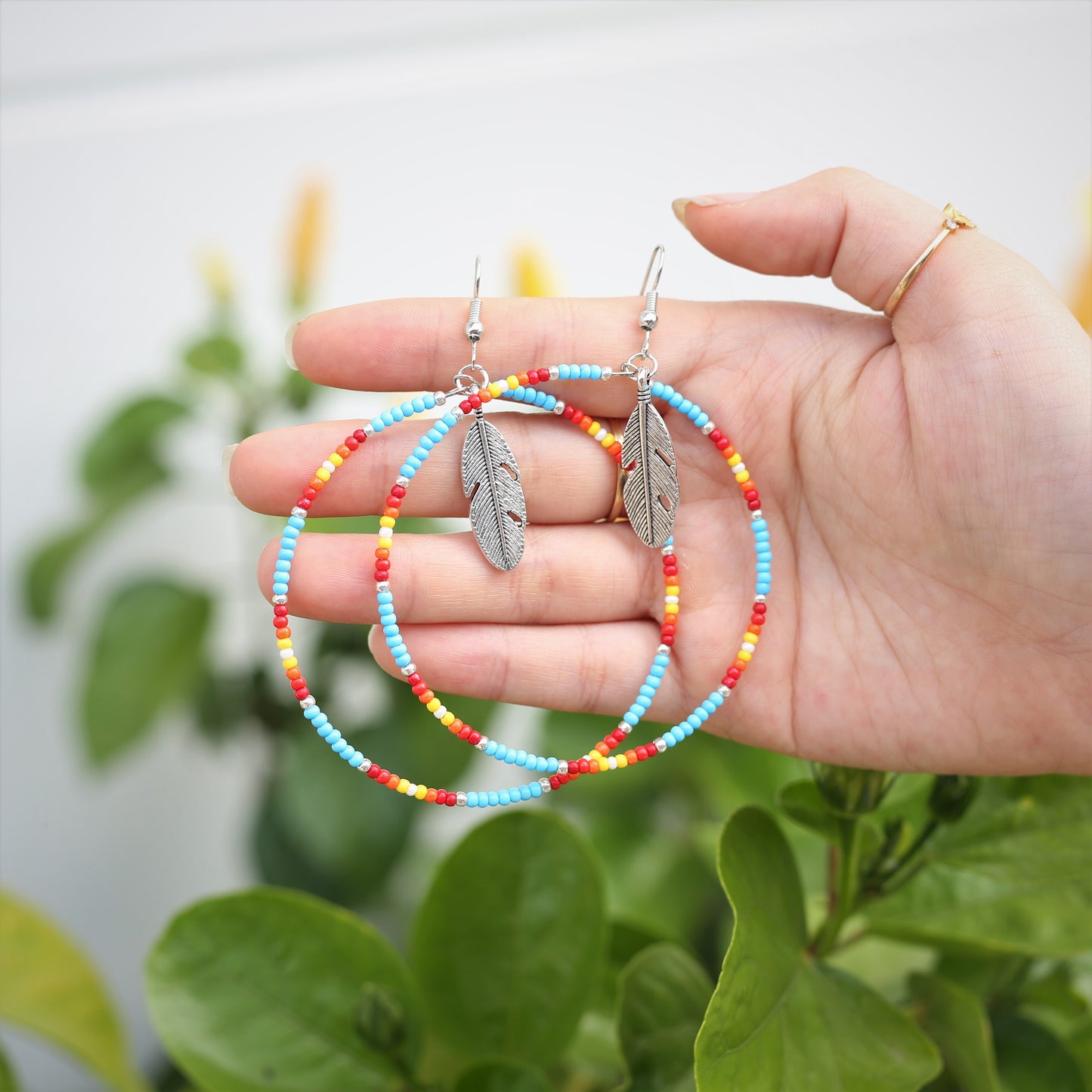 Native Inspired Blue Round Beaded Handmade Hoop Earrings for Women