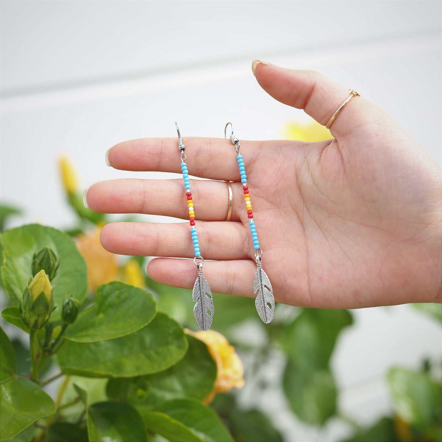 Native Feather Beaded Drop Earrings – Handmade Black & Blue Color