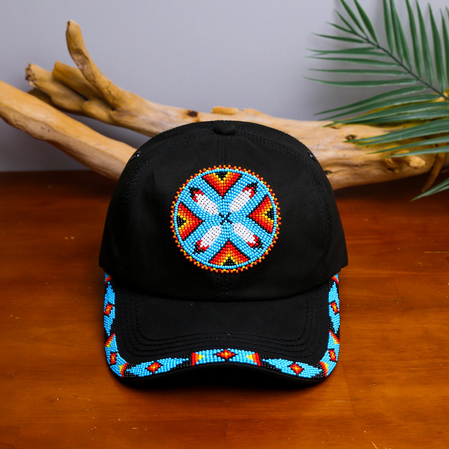 Cotton Unisex Baseball Cap With Beaded Patch Brim Native American Style
