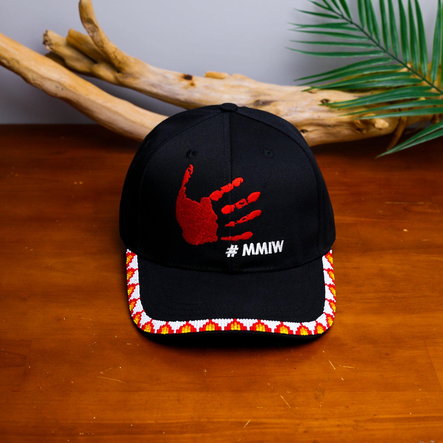 MMIW Red Hand Embroidered Handmade Beaded Brim Baseball Cap Native American Style