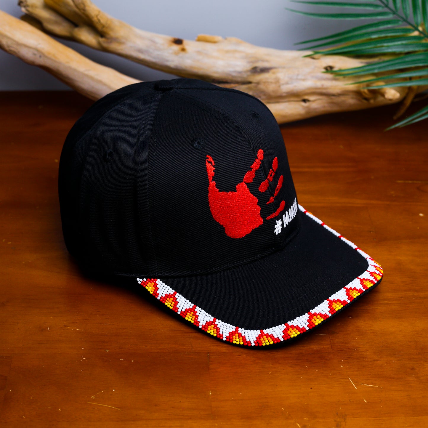 MMIW Red Hand Embroidered Handmade Beaded Brim Baseball Cap Native American Style