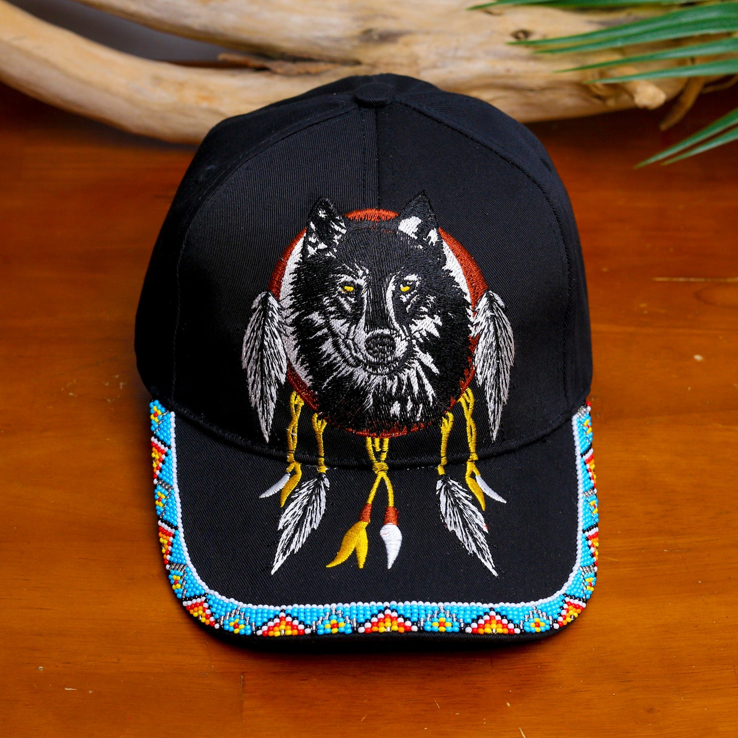 Wolf Dreamcatcher Embroidered & Beaded Baseball Cap