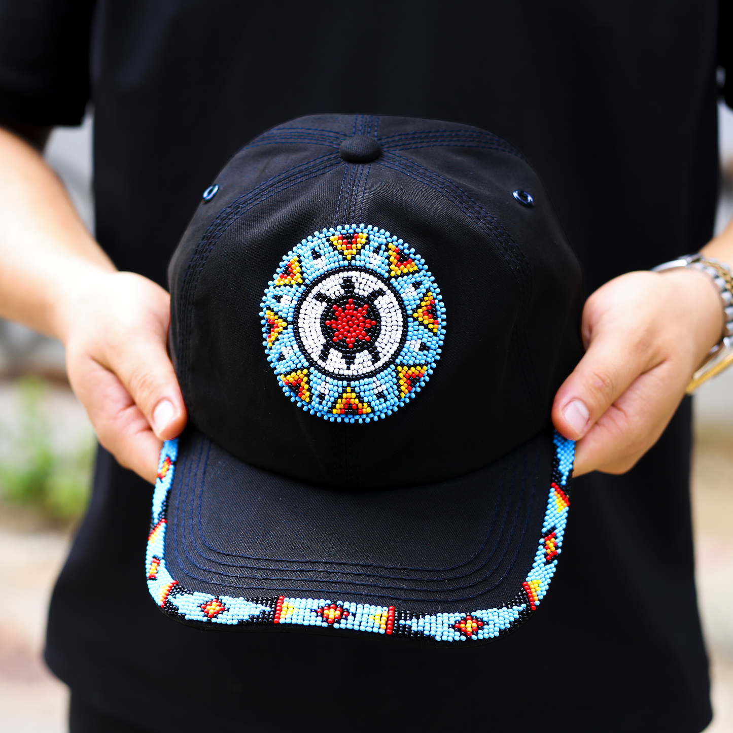 Blue Turtle Baseball Cap With Patch And Brim Cotton Unisex Native American Style