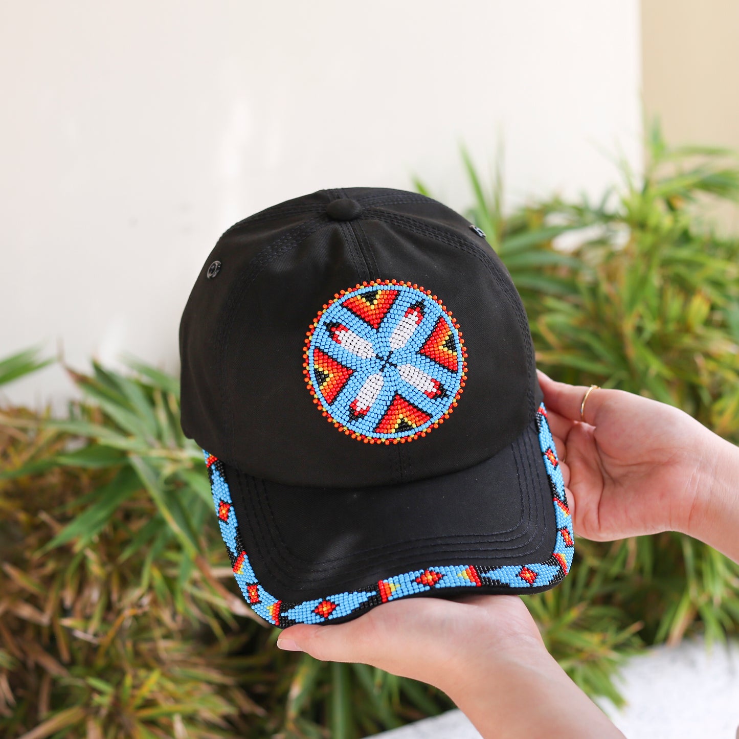 Cotton Unisex Baseball Cap With Beaded Patch Brim Native American Style