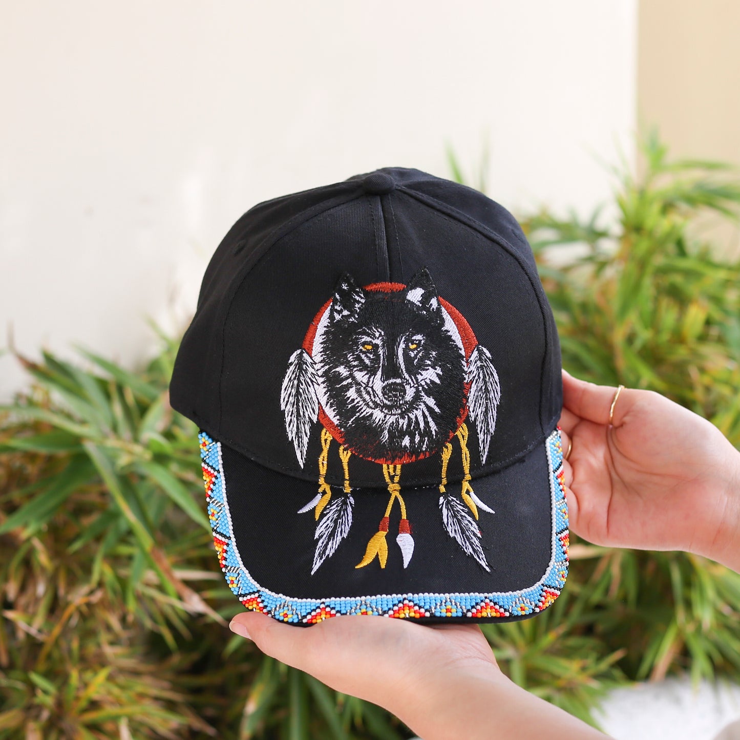 Wolf Dreamcatcher Embroidered & Beaded Baseball Cap