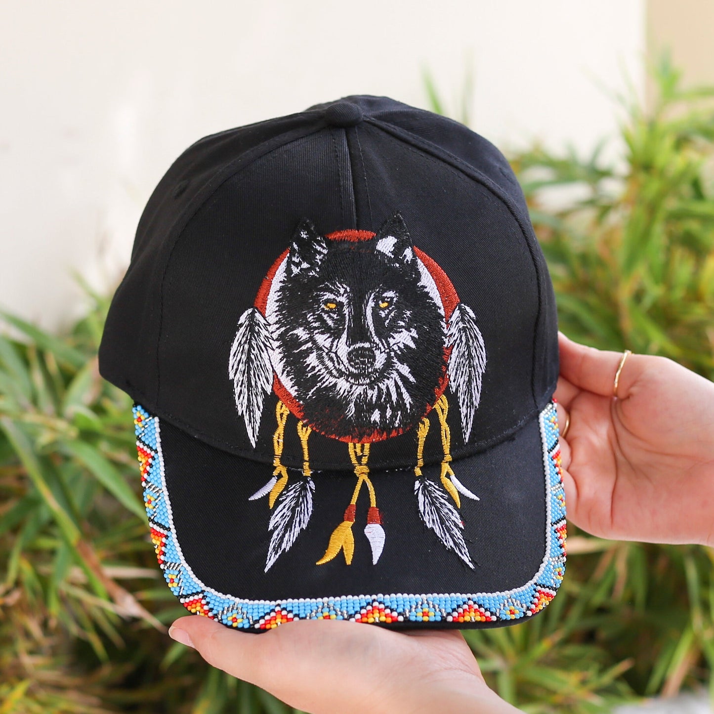 Wolf Dreamcatcher Embroidered & Beaded Baseball Cap