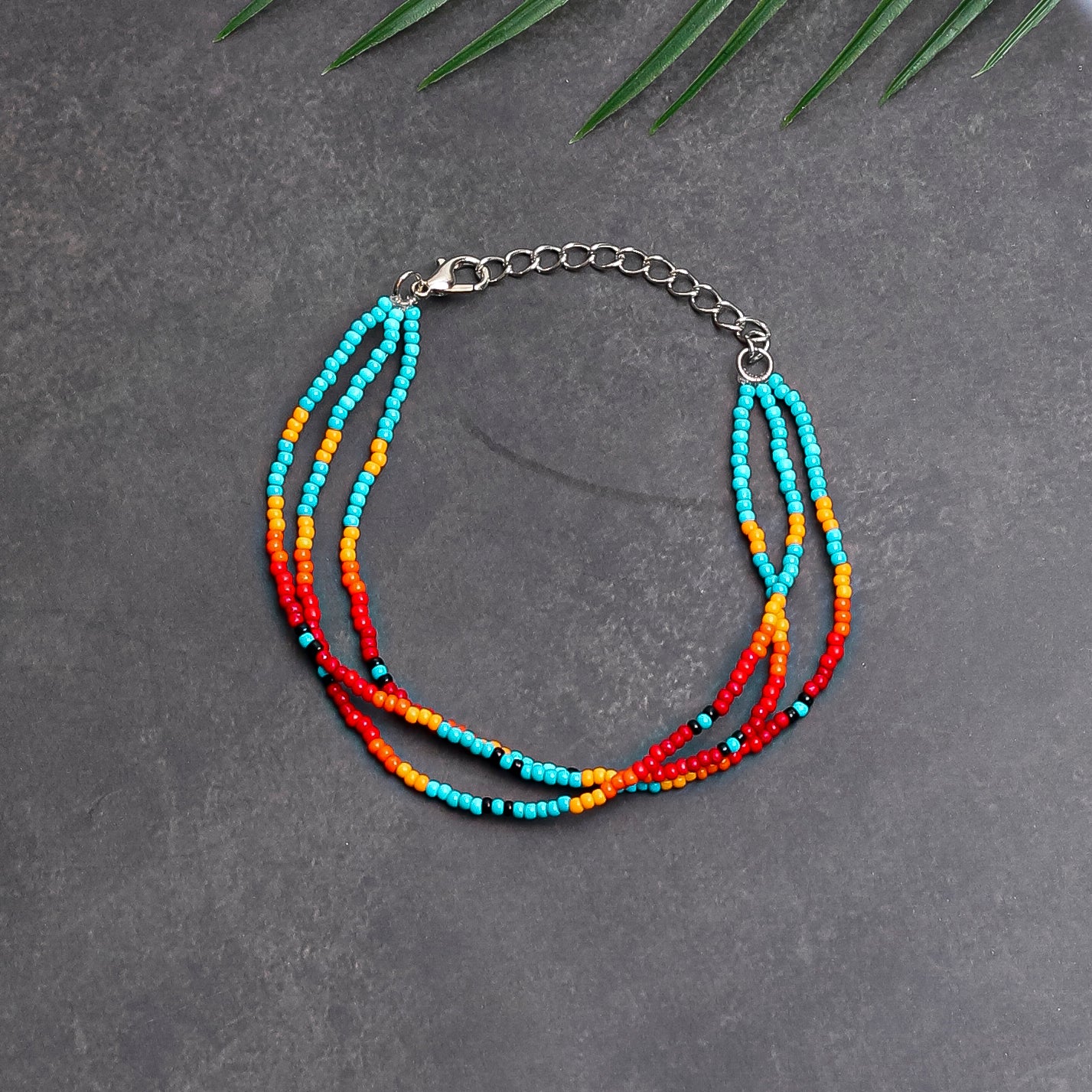 Sunset Glow Beaded Bracelet – Multi-Color Design with Red, Yellow, and Turquoise