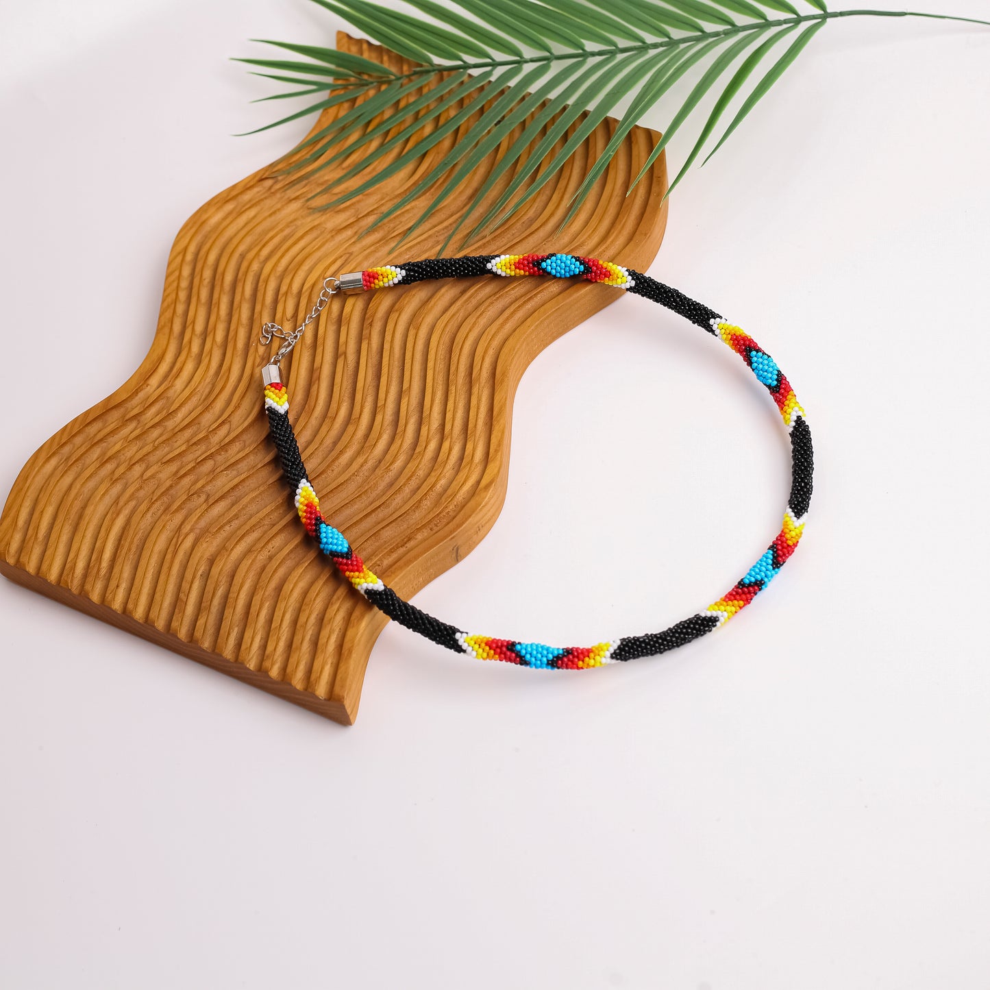 Handmade Black Dusk Pattern Beaded Necklace Native American Style