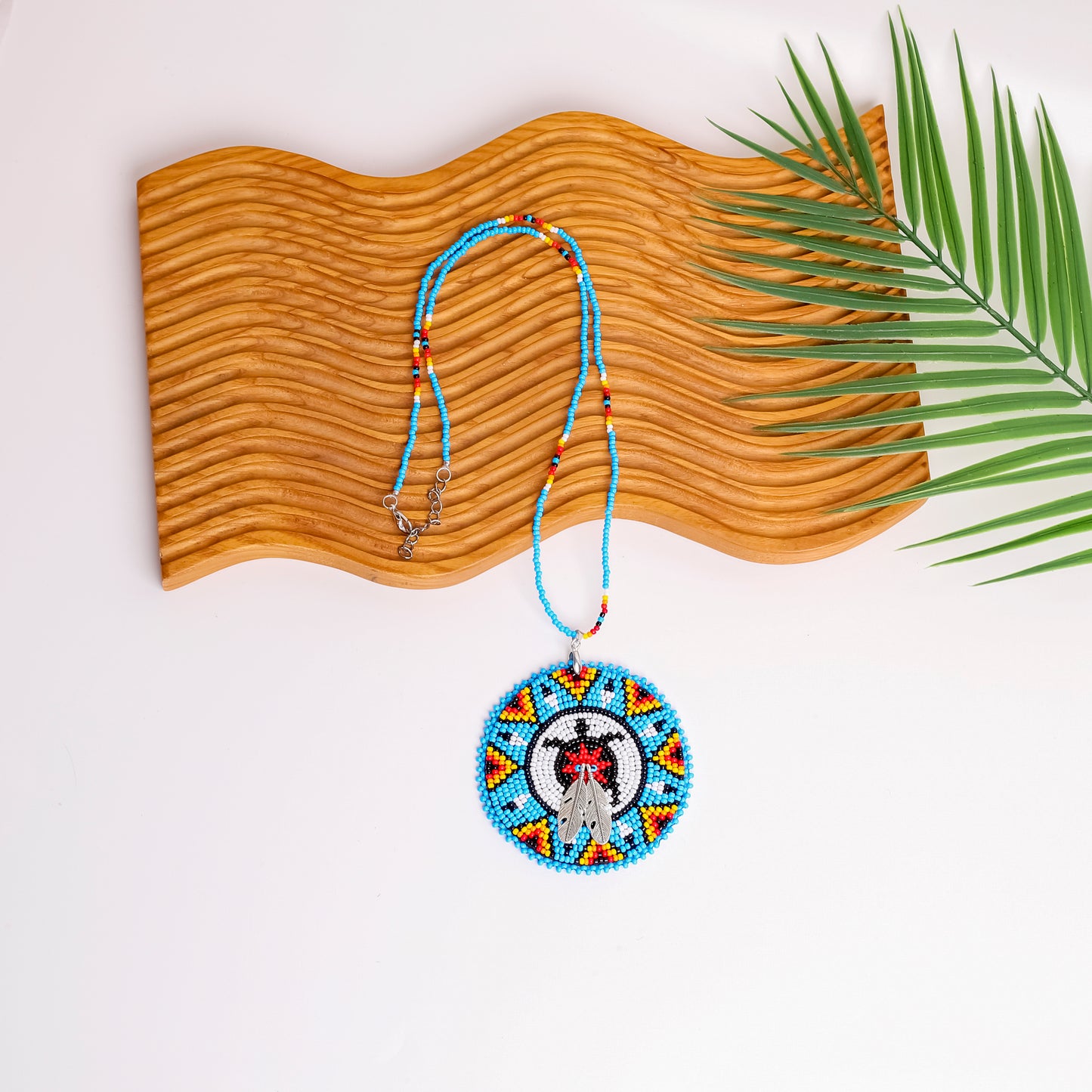 Blue Turtle Feather Handmade Beaded Wire Necklace Pendant Unisex With Native American Style