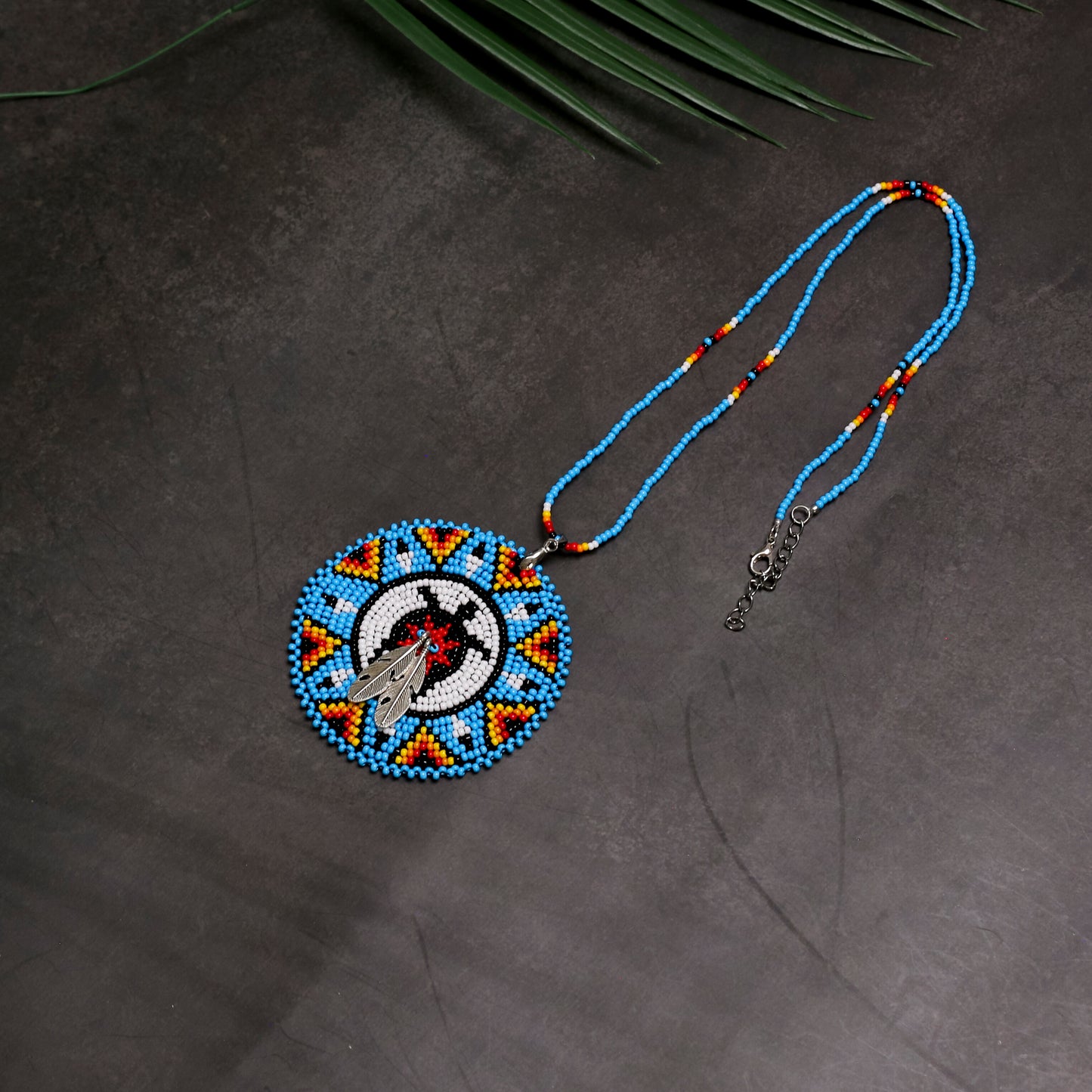 Blue Turtle Feather Handmade Beaded Wire Necklace Pendant Unisex With Native American Style