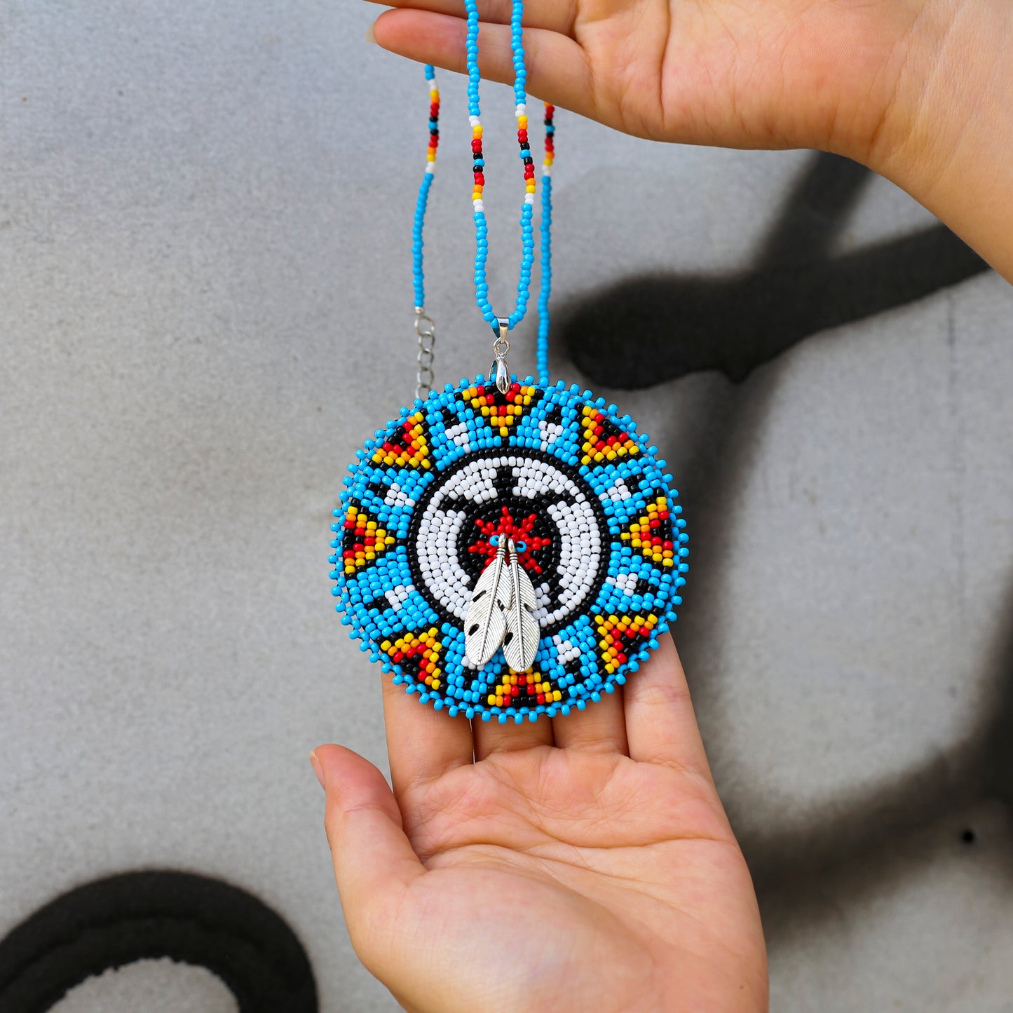 Blue Turtle Feather Handmade Beaded Wire Necklace Pendant Unisex With Native American Style