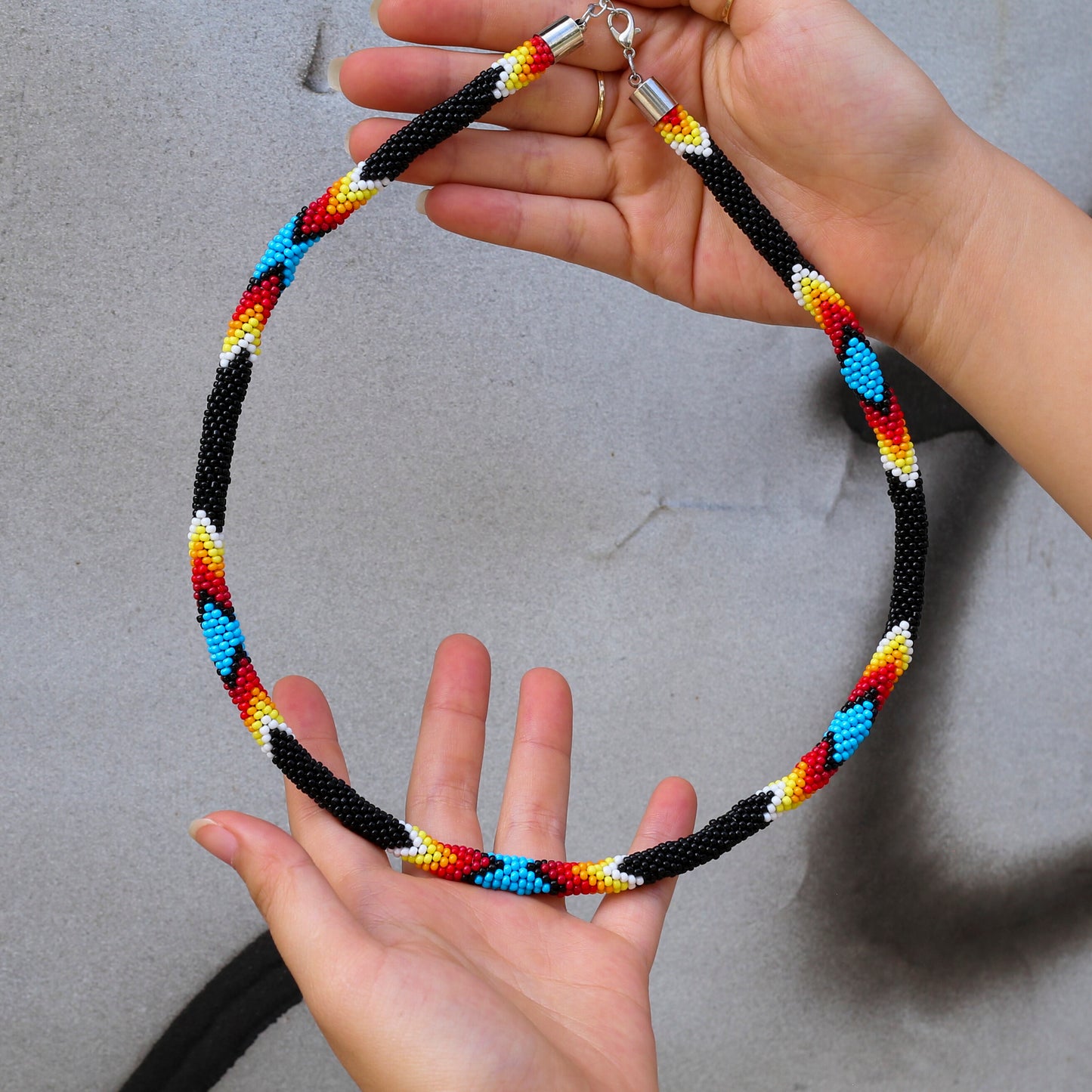 Handmade Black Dusk Pattern Beaded Necklace Native American Style