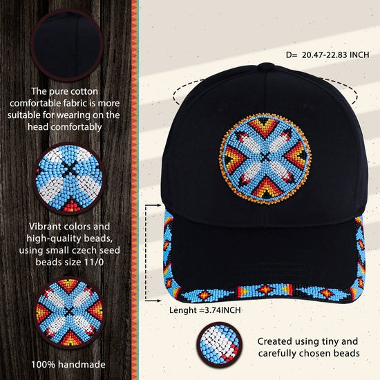 Cotton Unisex Baseball Cap With Beaded Patch Brim Native American Style