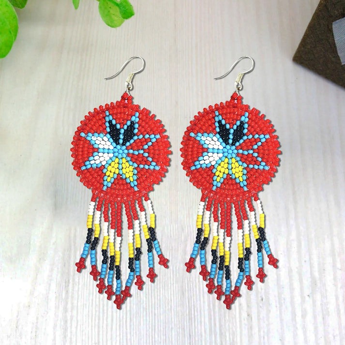Handmade Beaded Round Fringe Earrings – Red Four Directions Flower