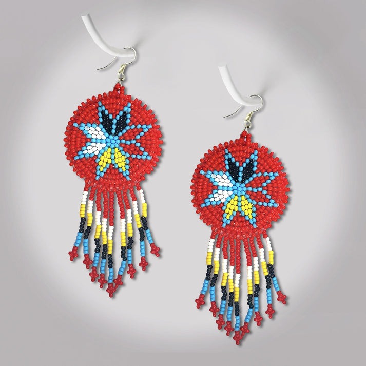 Handmade Beaded Round Fringe Earrings – Red Four Directions Flower