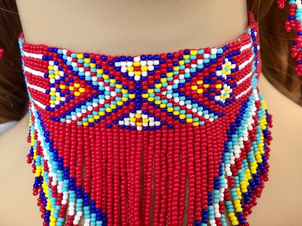 Native-Inspired Red Chevron Beaded Necklace Set (With Matching Earrings)