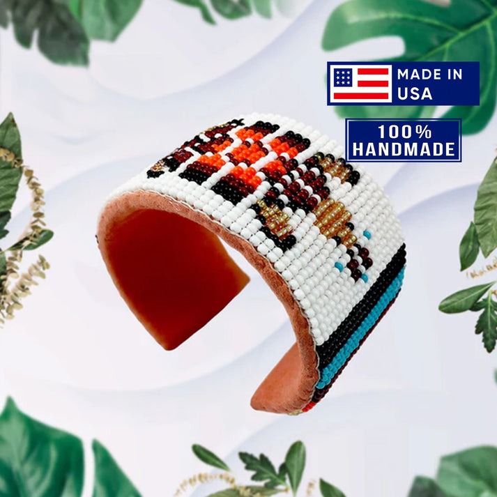 Turtle Hard Cuff Beaded Handmade Bracelet - White Red