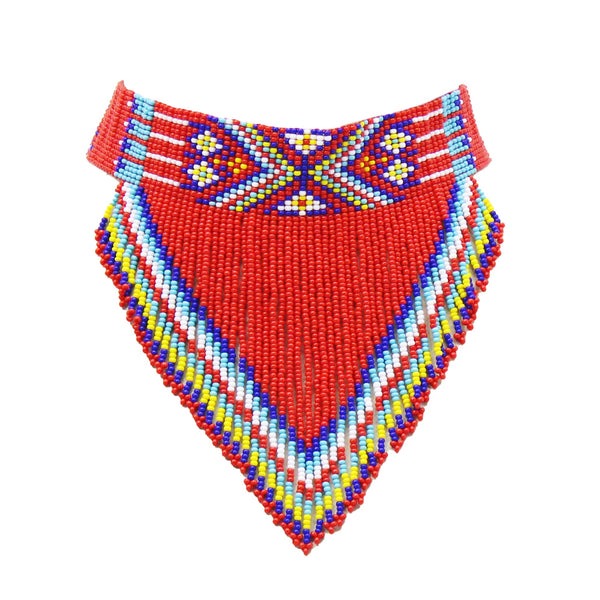 Native-Inspired Red Chevron Beaded Necklace Set (With Matching Earrings)