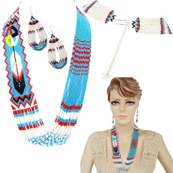 Native Inspired Handmade Beaded Feather Design Layered Necklace & Earrings Set