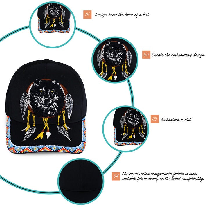 Wolf Dreamcatcher Embroidered & Beaded Baseball Cap