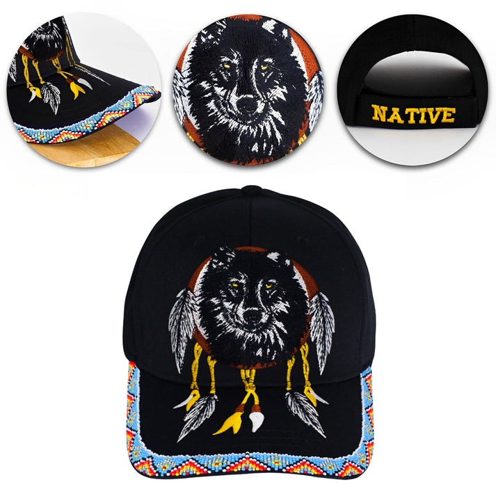 Wolf Dreamcatcher Embroidered & Beaded Baseball Cap