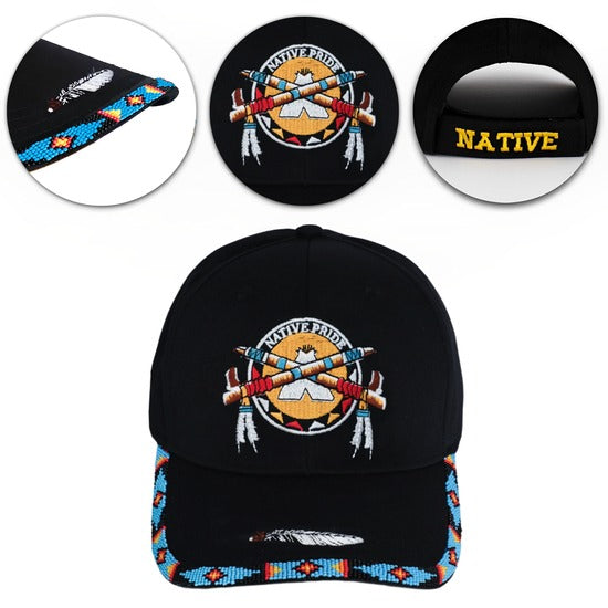 Native Pride Emblem Embroidered Beaded Baseball Cap with Brim Unisex Native American Style