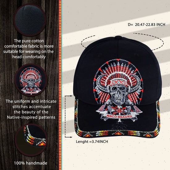 Skull Headdress Embroidered Beaded Baseball Cap With Brim Unisex Native American Style