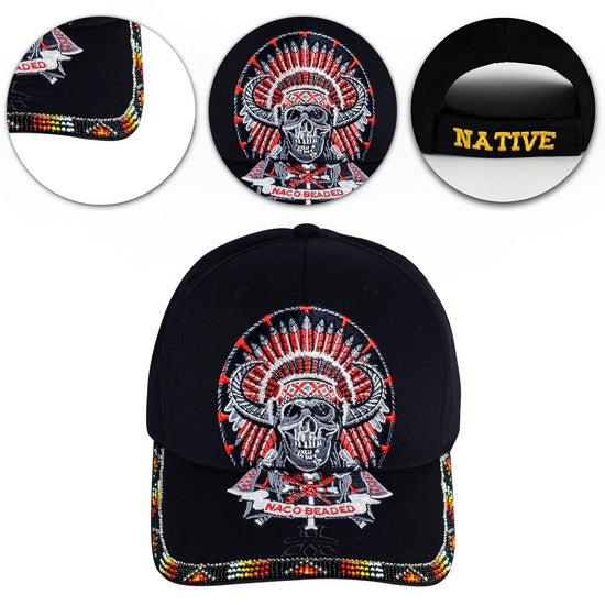 Skull Headdress Embroidered Beaded Baseball Cap With Brim Unisex Native American Style