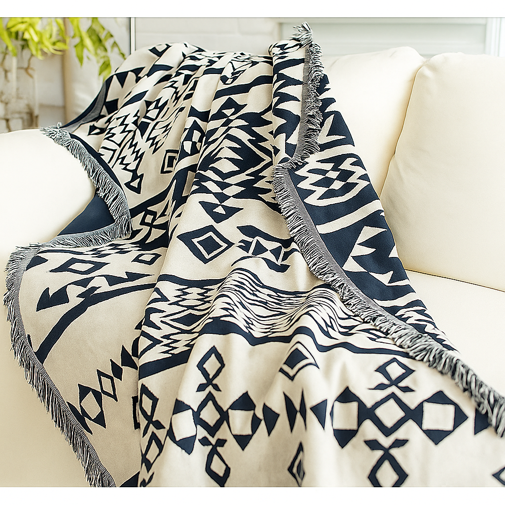 Navajo Black & Cream Reversible Woven Blanket – Tribal Geometric Pattern Throw