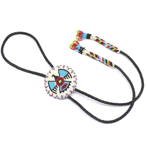 Handmade Cream Thunderbird Leather Bolo Tie with Beading, Adjustable Necklace Cord