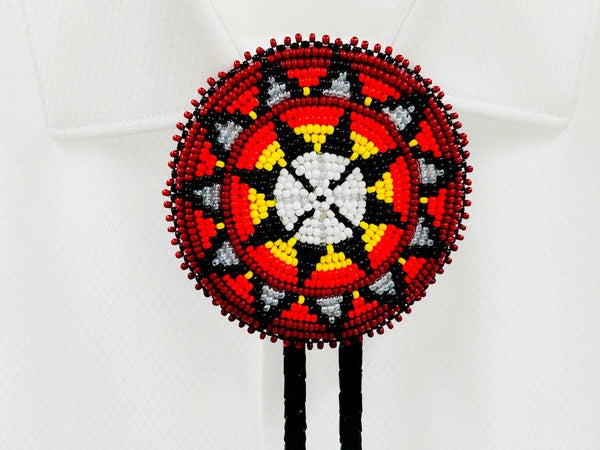 Handmade Beaded Red Star Bolo Tie with Black Leather, Adjustable Length