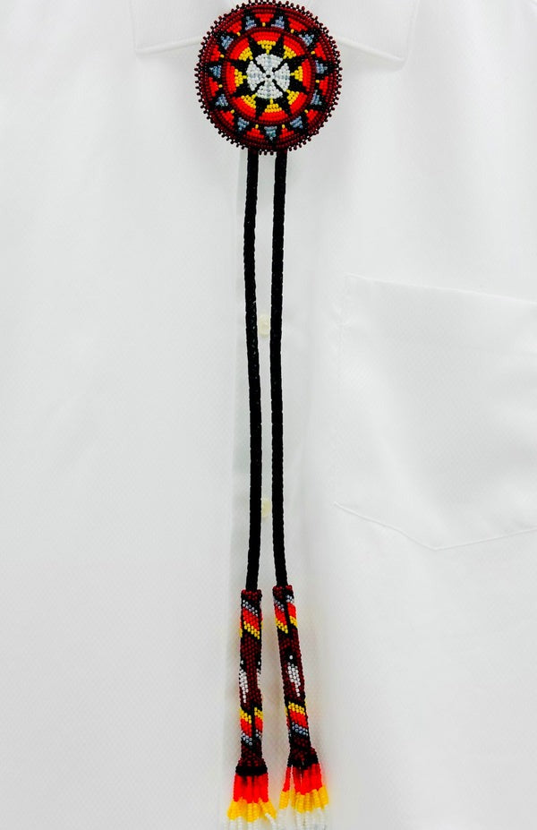 Handmade Beaded Red Star Bolo Tie with Black Leather, Adjustable Length
