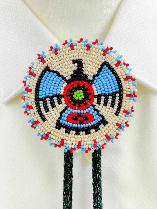 Handmade Cream Thunderbird Leather Bolo Tie with Beading, Adjustable Necklace Cord