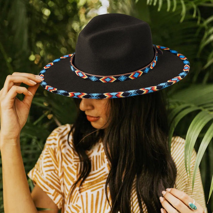 Dark Blue Pattern Fedora Hatband for Men/Women Beaded Brim with Native American Style