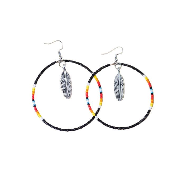 Native Inspired Black Round Beaded Handmade Hoop Earrings for Women