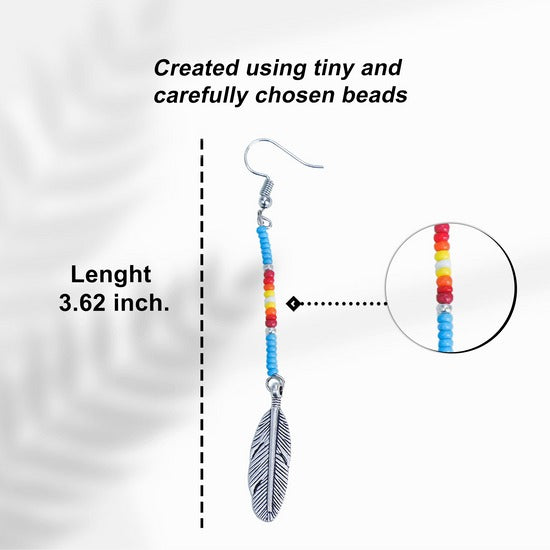 Native Feather Beaded Drop Earrings – Handmade Black & Blue Color
