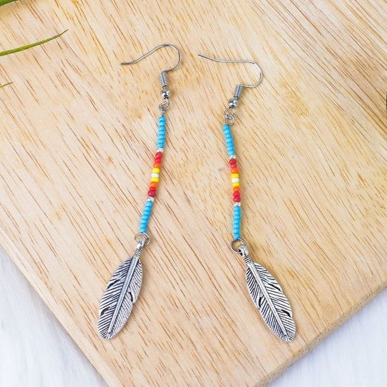 Native Feather Beaded Drop Earrings – Handmade Black & Blue Color