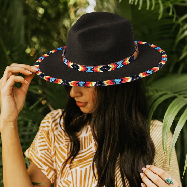 Black Dusk Pattern Fedora Hatband for Men/Women Beaded Brim with Native American Style