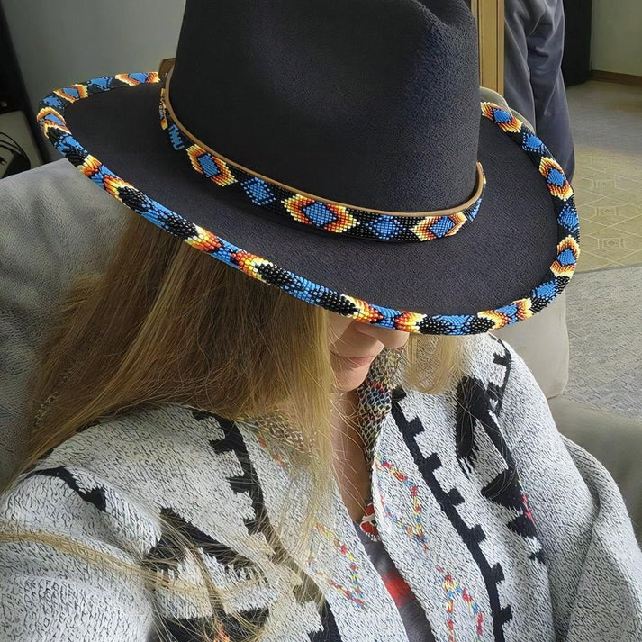 Dark Blue Pattern Fedora Hatband for Men/Women Beaded Brim with Native American Style