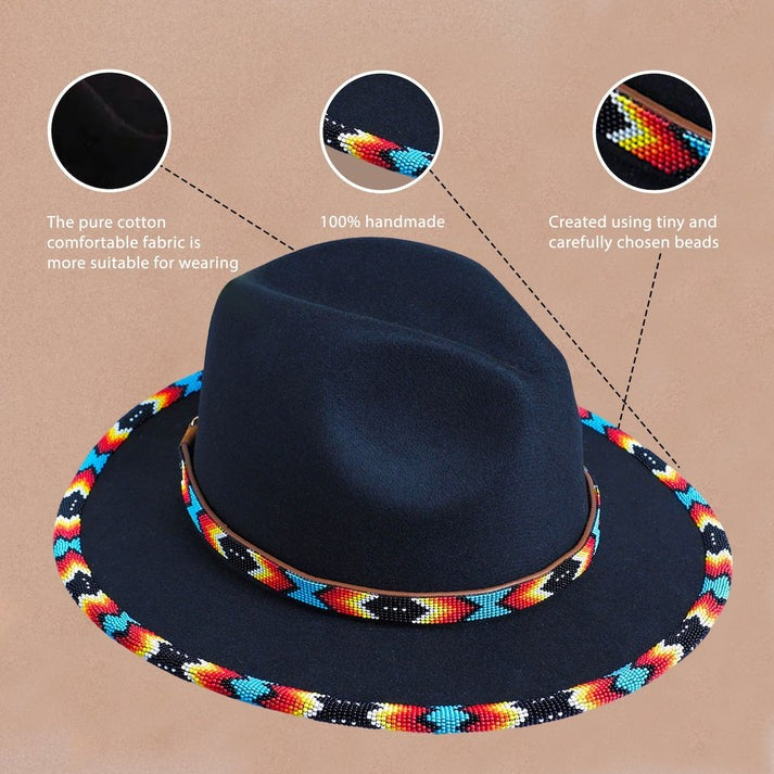 Black Dusk Pattern Fedora Hatband for Men/Women Beaded Brim with Native American Style