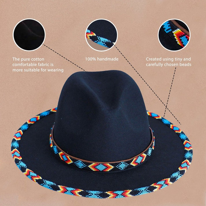 Dark Blue Pattern Fedora Hatband for Men/Women Beaded Brim with Native American Style