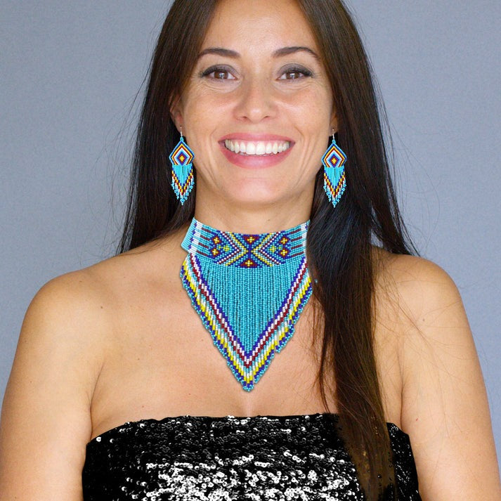 Turquoise Blue Beaded Choker Necklace Earrings Set
