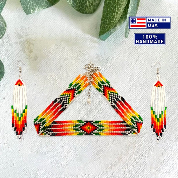 Handmade Beaded White Orange Yellow Choker Necklace Earrings Set