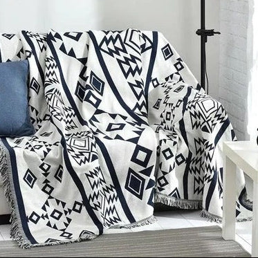 Navajo Black & Cream Reversible Woven Blanket – Tribal Geometric Pattern Throw