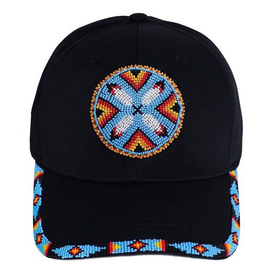 Cotton Unisex Baseball Cap With Beaded Patch Brim Native American Style